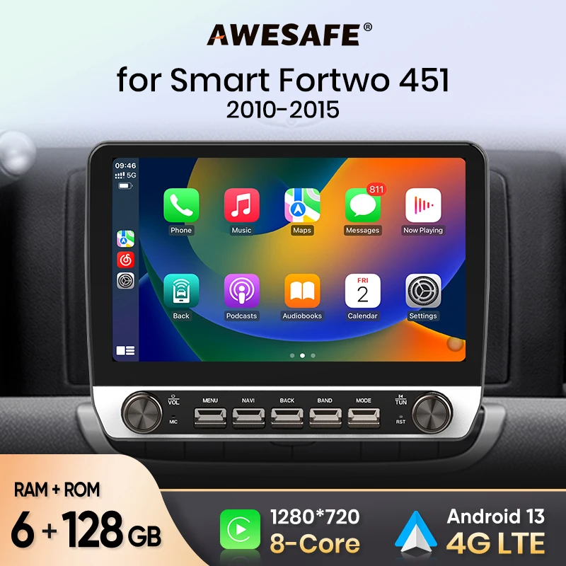 AWESAFE Car Radio for Smart  2010-2015 Wireless Carplay for Apple Android Auto Stereo with Buttons Multimedia GPS 4G