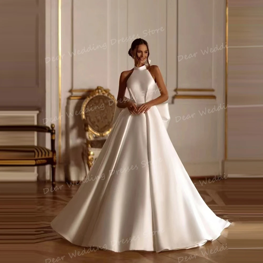 Vestidos de casamento sem mangas vintage para mulheres, uma linha, vestidos de noiva sexy com gola alta, arco sem encosto, cetim liso, vestido formal sem alças