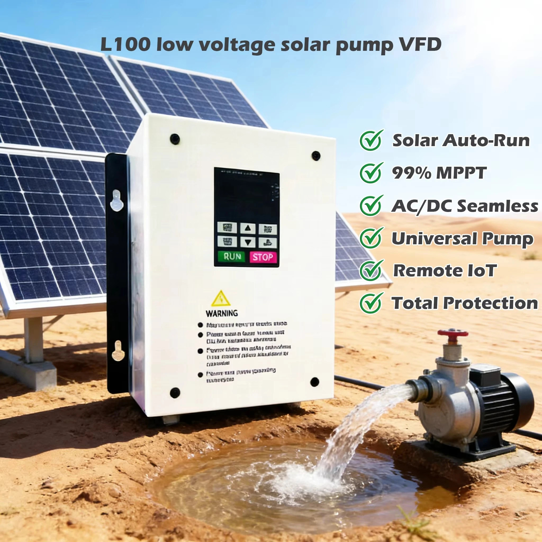 

Durable L100 Low Voltage Solar Pump Inverter VFD Dual Power Input AC DC Automatic Switching for Remote Area Water Supply System