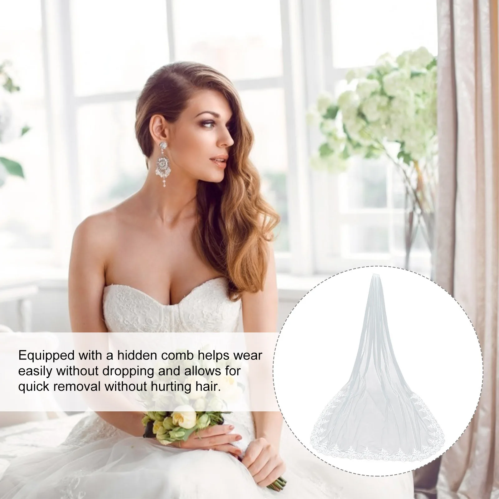 

Long Elegant Lace Single Layer Mesh Bridal Veil Floor Length Wedding Accessory Ivory White 30Cm Smooth Flowy Look