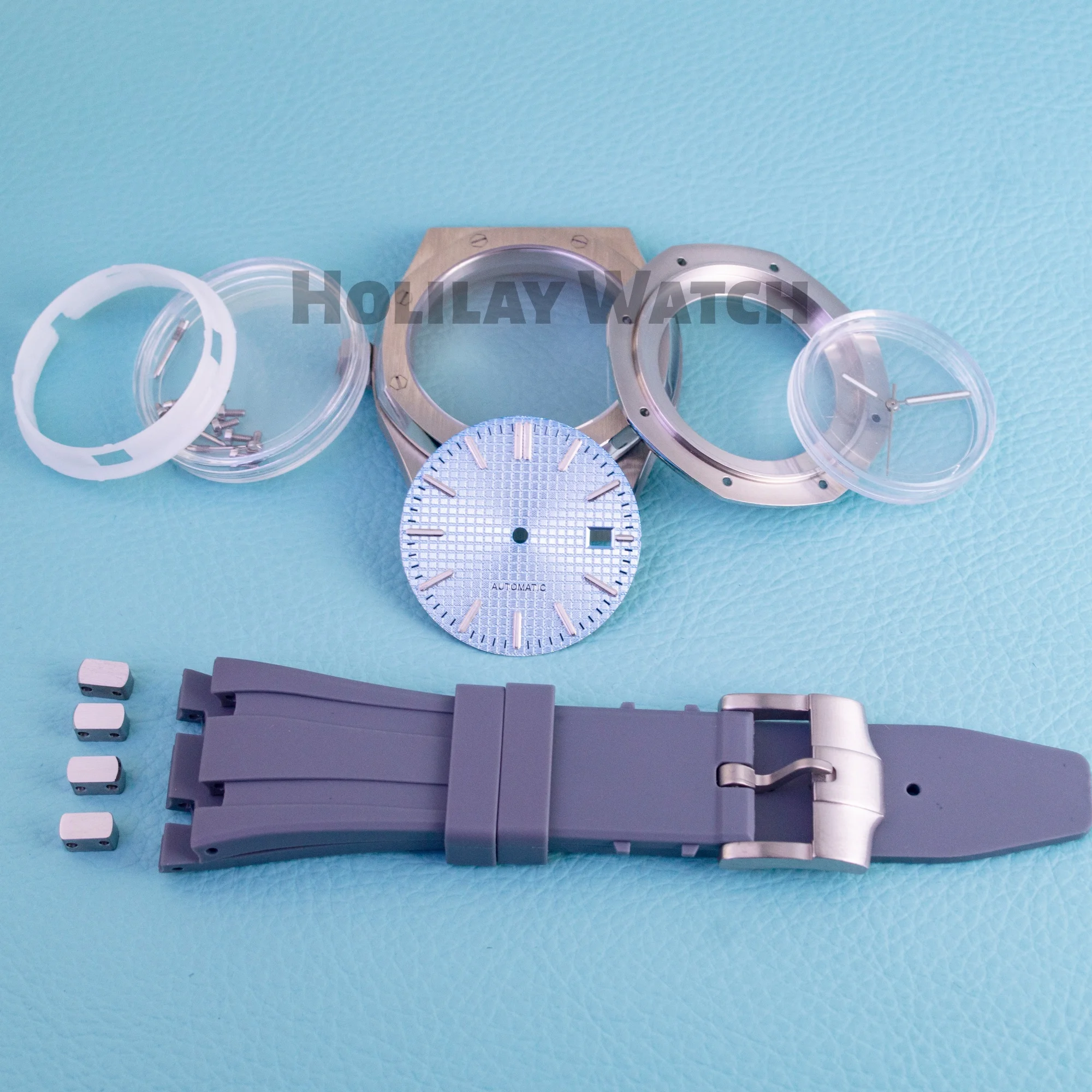 

41MM Silver Black Gold Case Silicone Strap Buckle Fit Royal Oak NH35 NH36 NH70 Movement Automatic Watch for 31.8mm Dial Hands