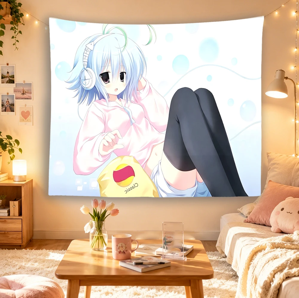 Kawaii Light Blue Hair Anime Girl Tapestry, Headphone Casual Style Wall Hanging for Girly Bedroom Otaku Dorm Decor