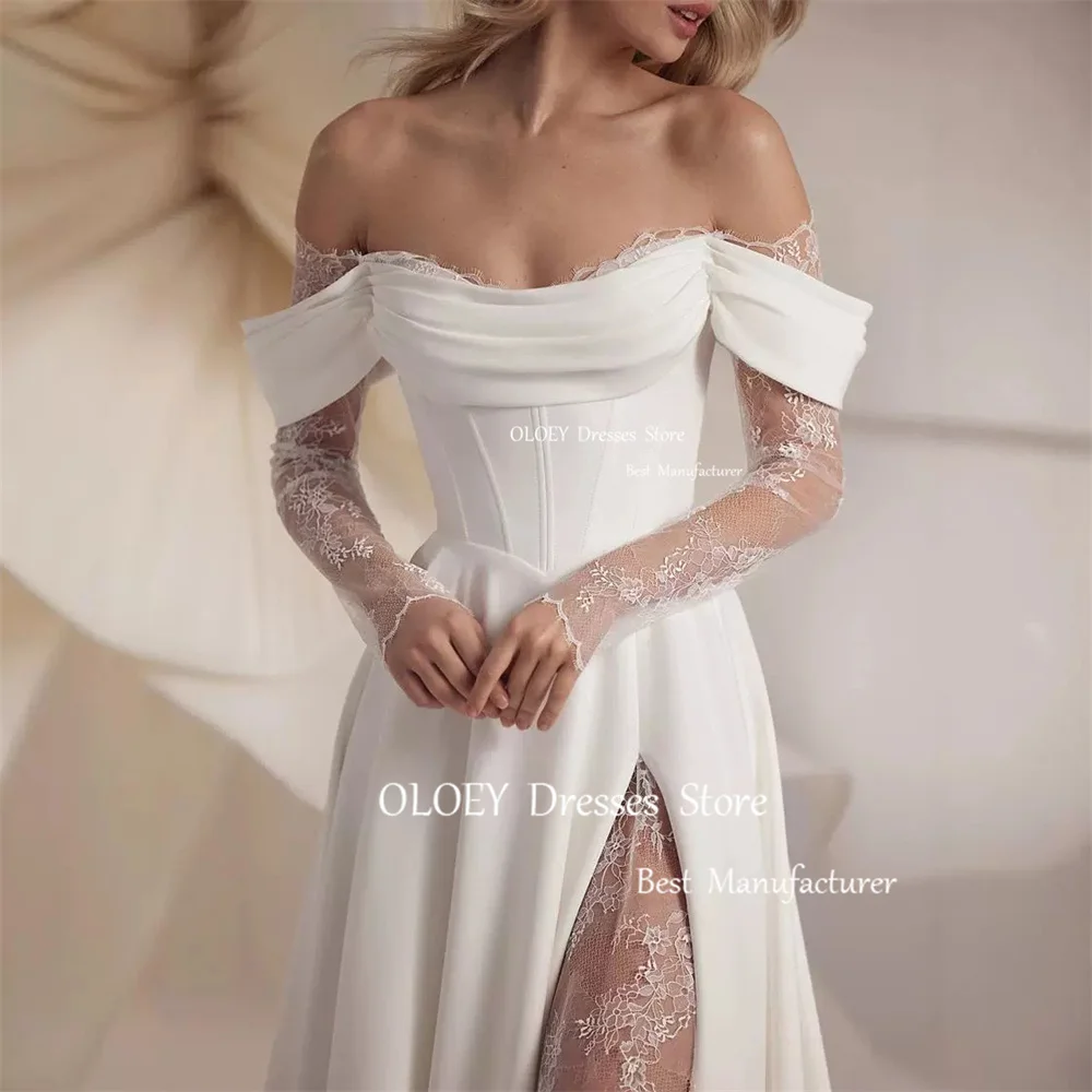 OLOEY Elegant Ivory Pleats Satin Wedding Dress Scoop Neck Customized Photoshoot Lace Long Sleeves Bridal Gown Sweep Train Corset