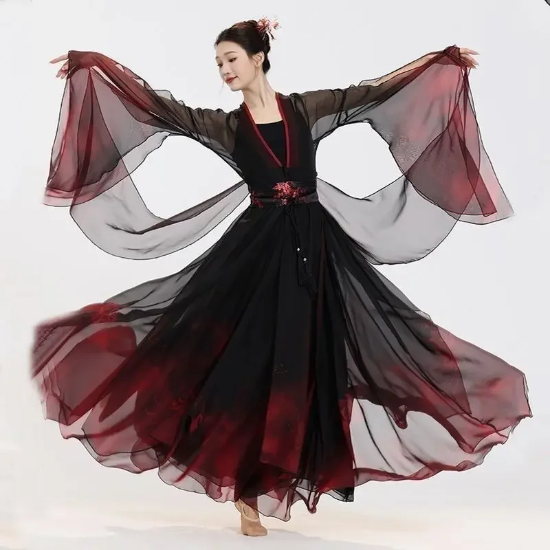 Classical Dance Practice Black And Red Flowing Dance Costume Black Top Skirt Ancient Style Chinese Performance Gauze Suit Set