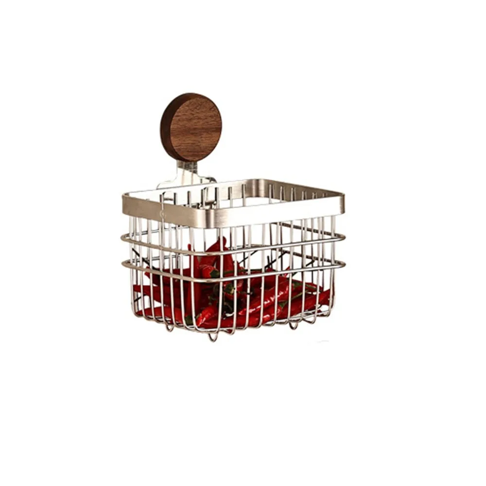 

Stainless Steel Wall Hanging Storage Basket Walnut Rust-proof Kitchen Wall Hanging Rack Self-adhesive Removable