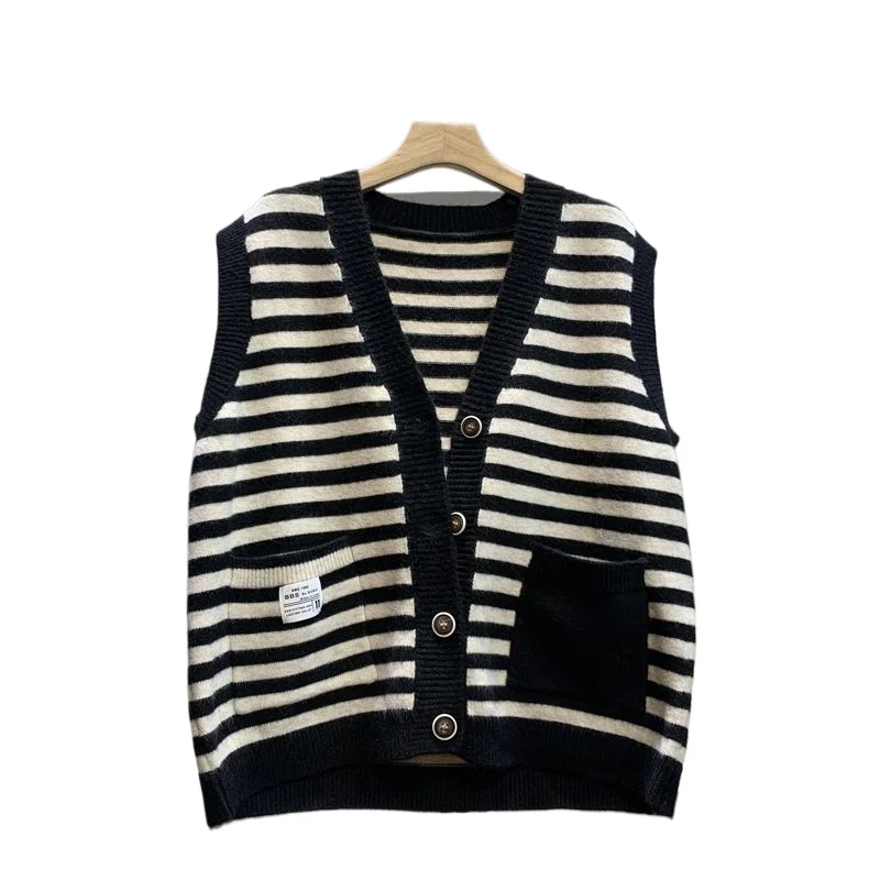 

Spring Autumn New V-neck Striped Knitted Vest Cardigan Women's Korean Version Loose Casual Versatile Sweater Sleeveless