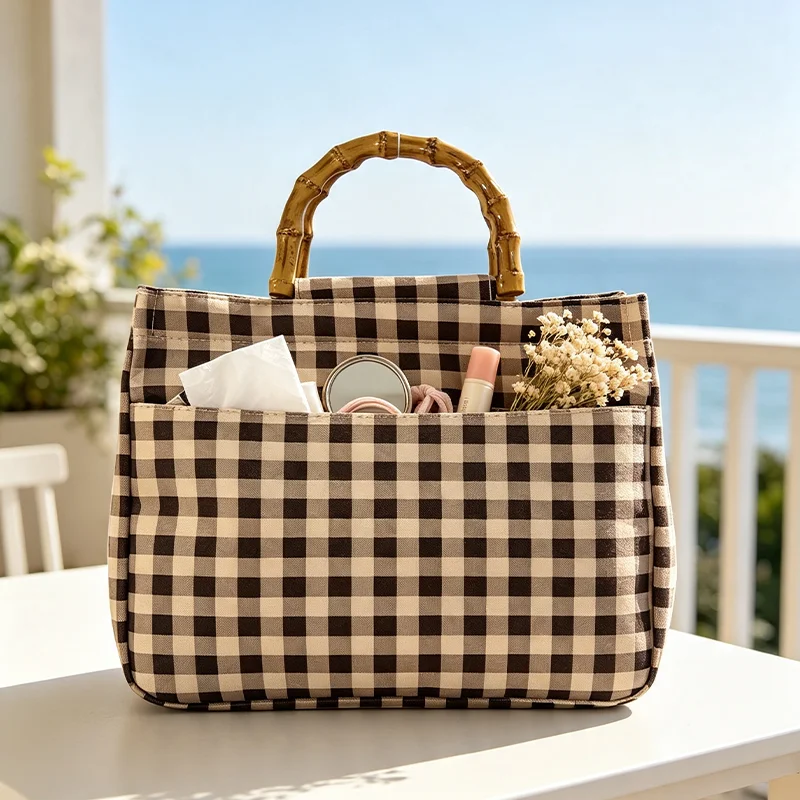Brown and White Checkered Faux Bamboo-Handle Women's Tote Bag, Brown Plaid Pattern Women's Handbag, Simple Vintage-Style Handbag