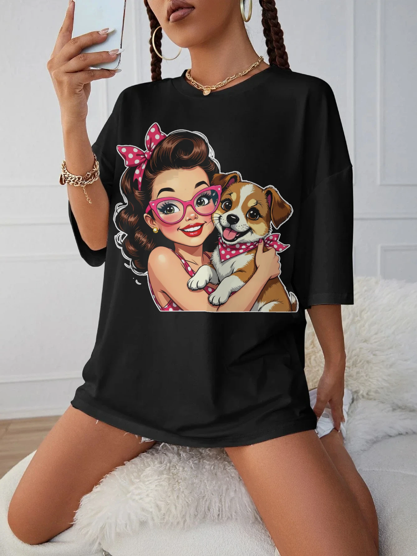 

Retro-Girl-Puppy Comfortable Women's Black Round Neck T-Shirt Maternity Wear for Late Pregnancy Summer Style