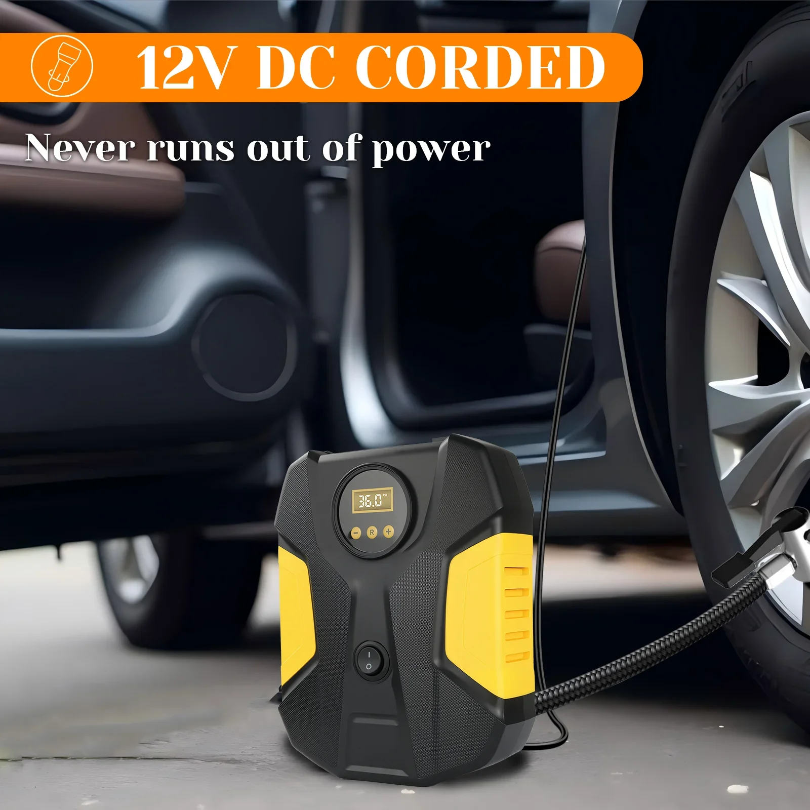 12V Car Tire Inflator with Digital Display, Preset Pressure Shutoff, Compact Portable Air Pump for Vehicles