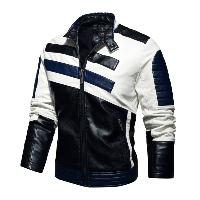 Autumn Winter Racing Motorcycle Jacket Mens Fashion Color Block Patchwork Warm Fleece Biker Leather Vintage Outwear