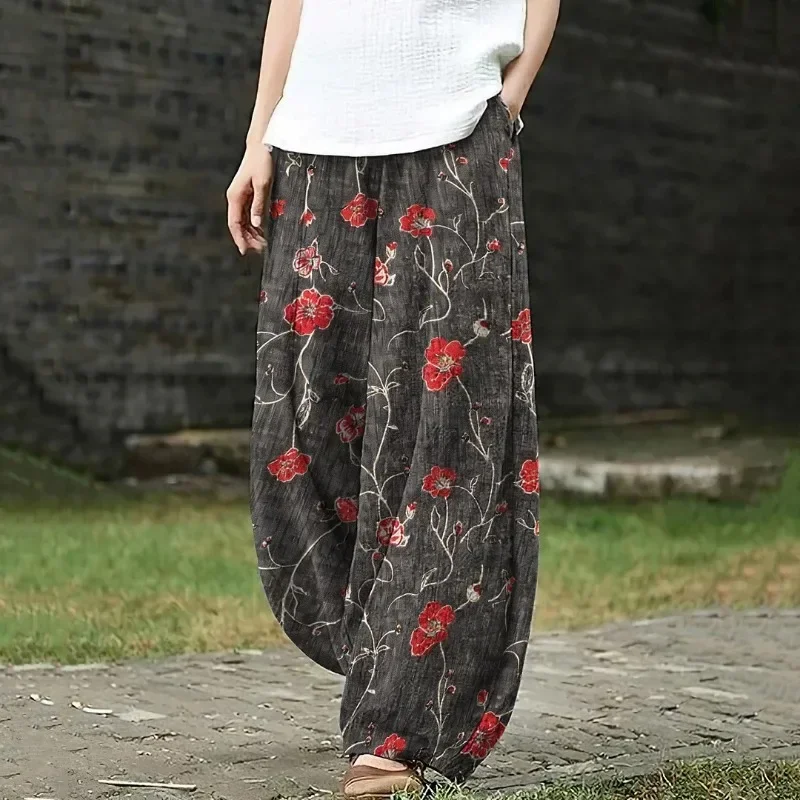 Women's Japanese Art Pocket Loose Casual Pants Harajuku Sakura Baggy Lantern Trousers Elegent Boho Trouser Floral Wide Leg Pants