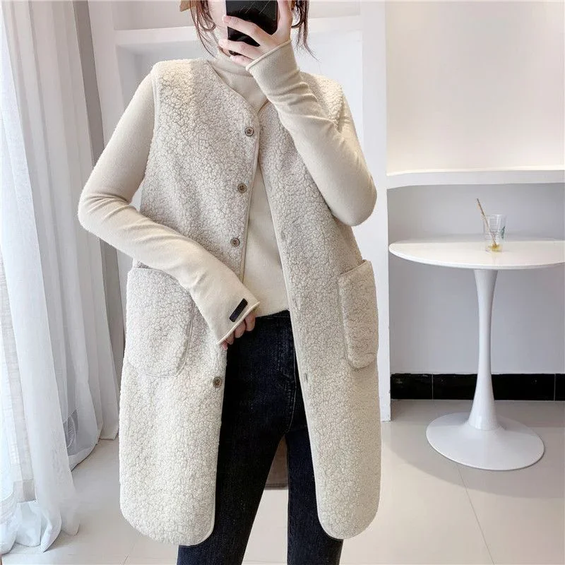 

Autumn Winter Thicken Mid-Length Sleeveless Jacket 2025 New Button Fleece Warm Long Waistcoat Comfortable Soft Korean Coat Woman