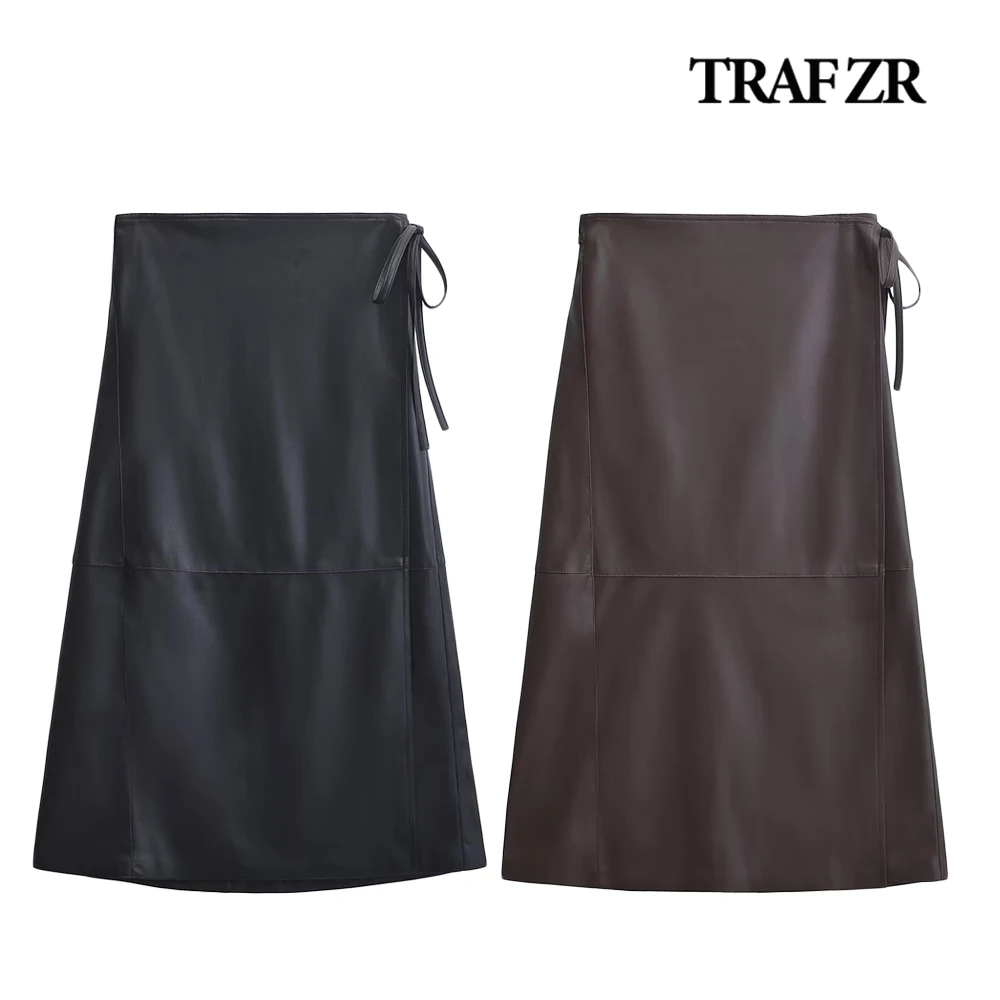 

TRAF ZR Normcore Synthetic Leather Midi Skirt Vintage Faux Leather Long Skirts Side Ruched Stylish Warp Shirt Self Tied Belt