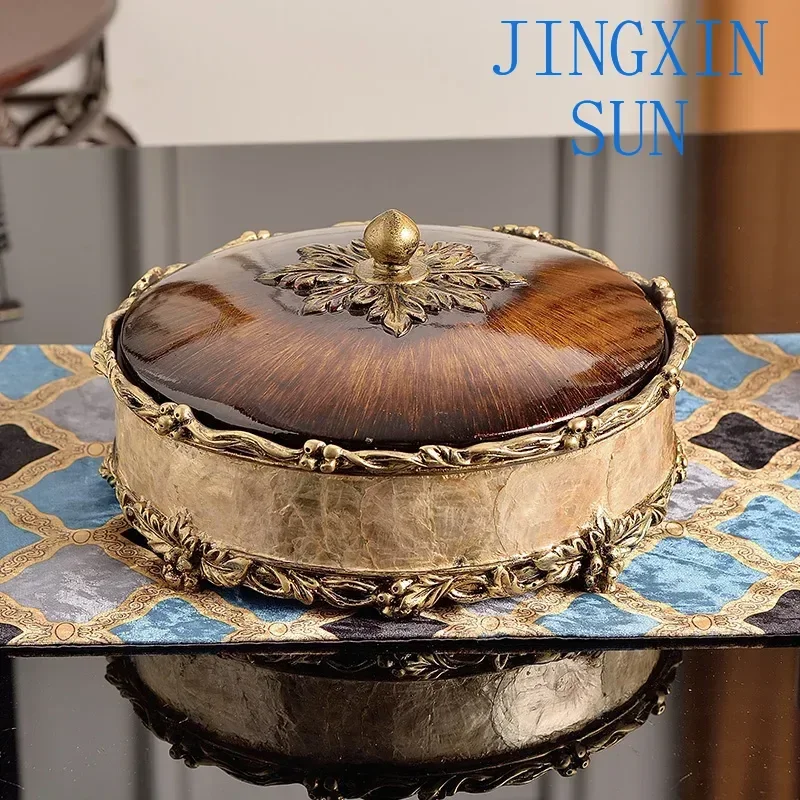 European Resin Storage Box with Lid, Luxury, Retro, Living Room, Candy Plate, Dried Fruit, Snacks, Round Ornaments