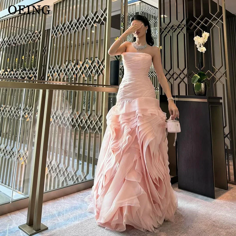 OEING Light Pink A-Line Prom Dresses Strapless Tiered Party Gowns Pleats Floor-Length Organza Dress 2025 Customized