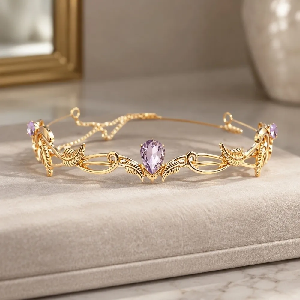 Alloy Tiara Headband Hollow Carved Teardrop Rhinestone Inlay Leaf Vine Headpiece Lightweight Medieval Forehead Headpiece