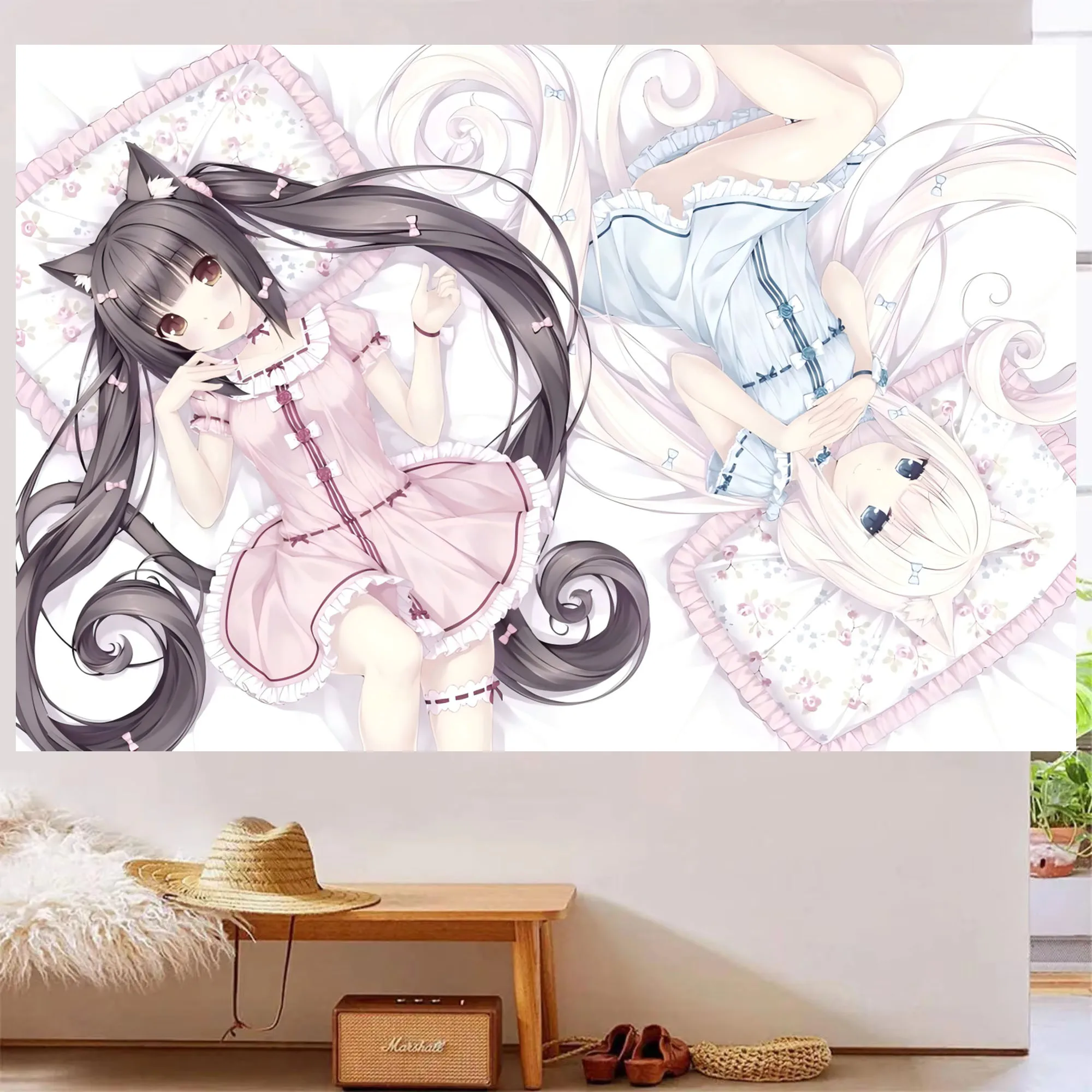 1 Stück N-Nekopara Chocola Vanilla Pyjama Wandteppich Zwillingskatzen Mädchen Blumenmuster Wandbehang Kawaii Deko Schlafzimmer Wohnheim Otaku Fans – Detail 4
