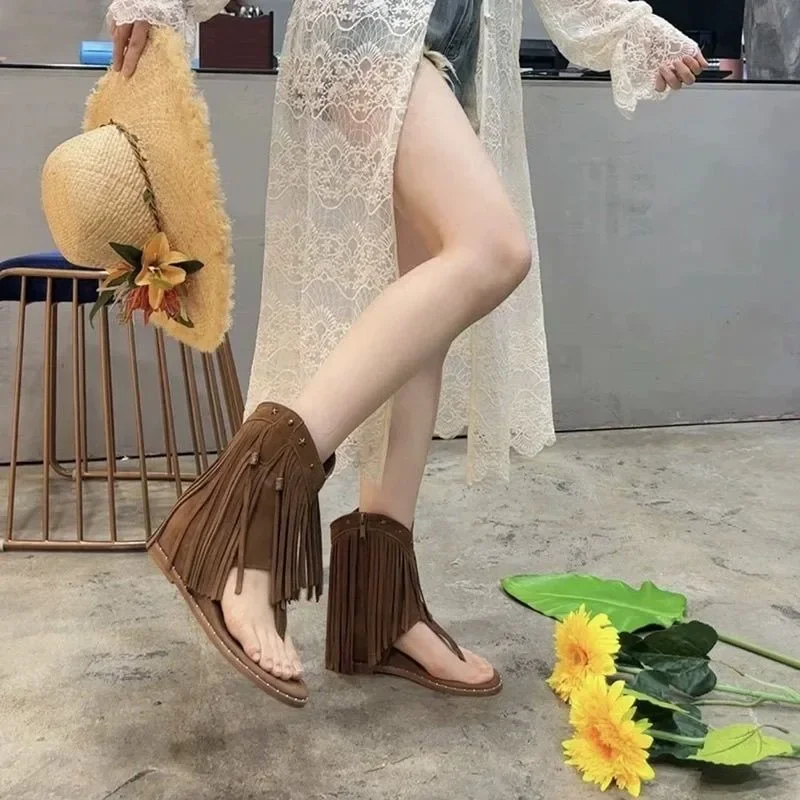 

Women Clip Toe Cool Boots Mid Heels Sandals Shoes Beach Fashion Fringe Summer 2024 Flip Flops Bohemian Mujer Zapatos Slippers