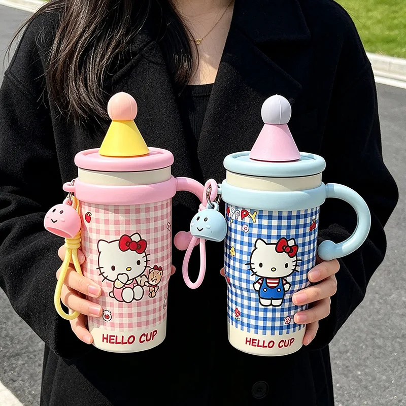 650ML Anime Hello Kitty Cartoon Large Capacity Stainless Steel Straw Thermos Cup Kawaii Portable Coffee Cup Holiday Gift