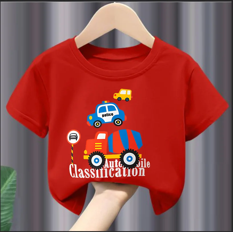 

Cartoon car Family Round Collar Printed White T-shirt Short Sleeve Children Tops Harajuku Aesthetic Clothes