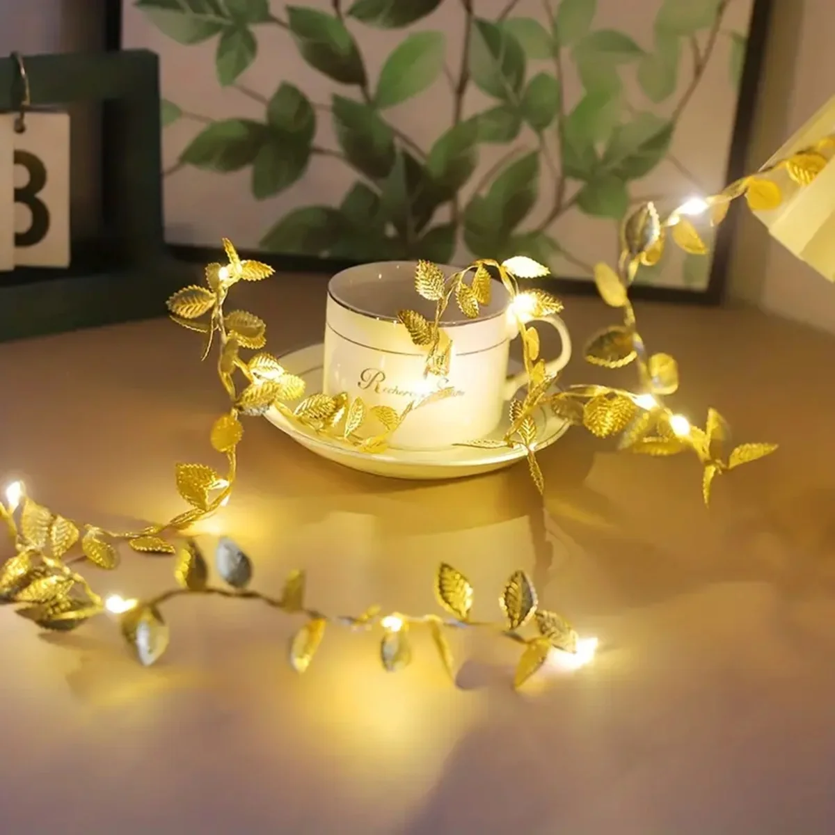 20/50/100LEDs Goldene Silber Winzige Blätter Fee Licht Batterie Powerd Künstliche Pflanze Girlande Reben Lichter Für hochzeit Home Party – Detail 7