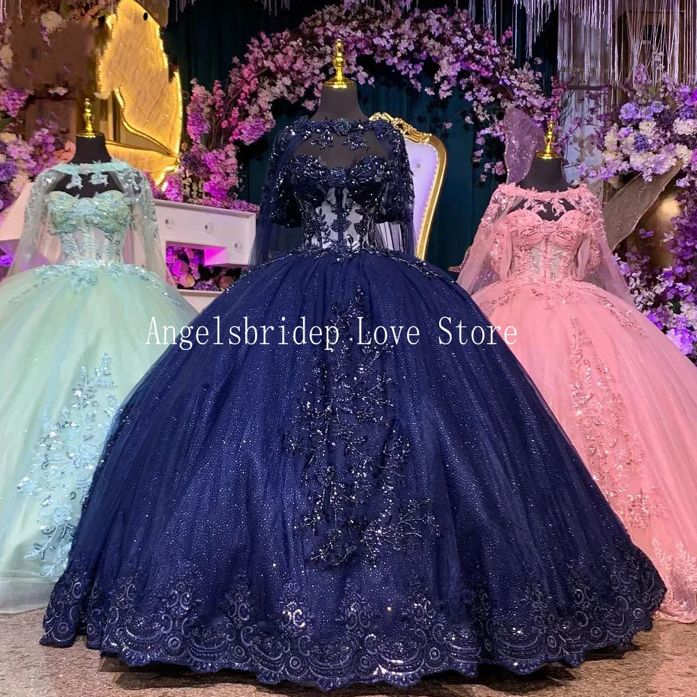 Angelsbridep Customized Luxury Navy Blue Ball Gown 15 years Old Quinceanera Dresses 2024 With Cape Princess Birthday Party Dress