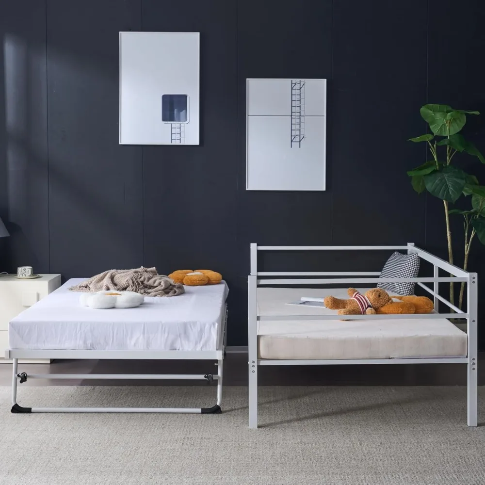 سرير نهاري VINGLI مع دولاب منبثق، سرير مزدوج معدني شديد التحمل مع دولاب، لا حاجة إلى صندوق زنبركي، أبيض