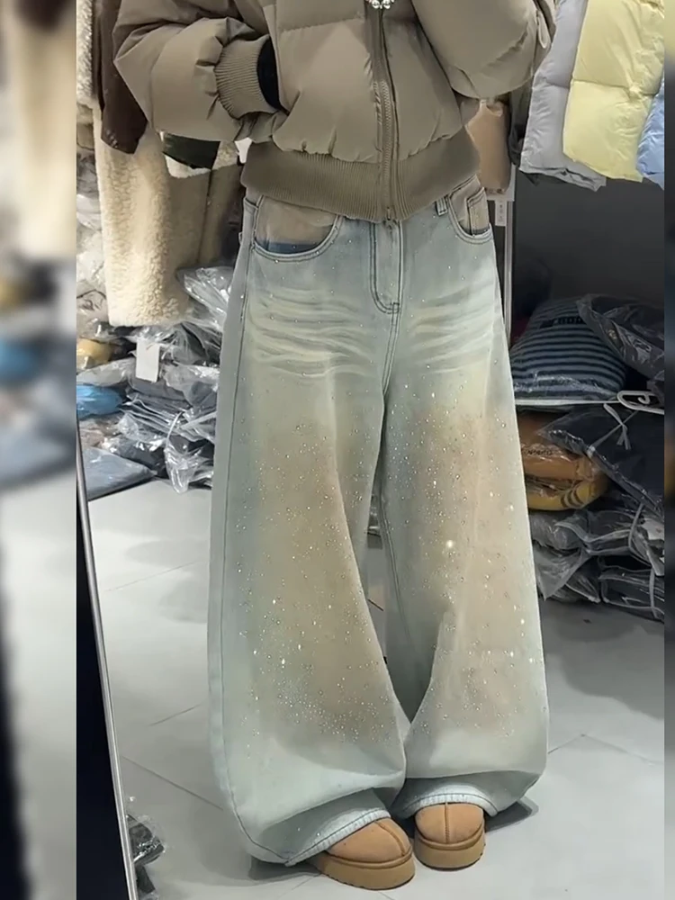 Retro American Distressed Denim Jeans Women's Loose Fitting Drag Floor Pants Trendy Natural Waist Pure Color Winter Outdoor