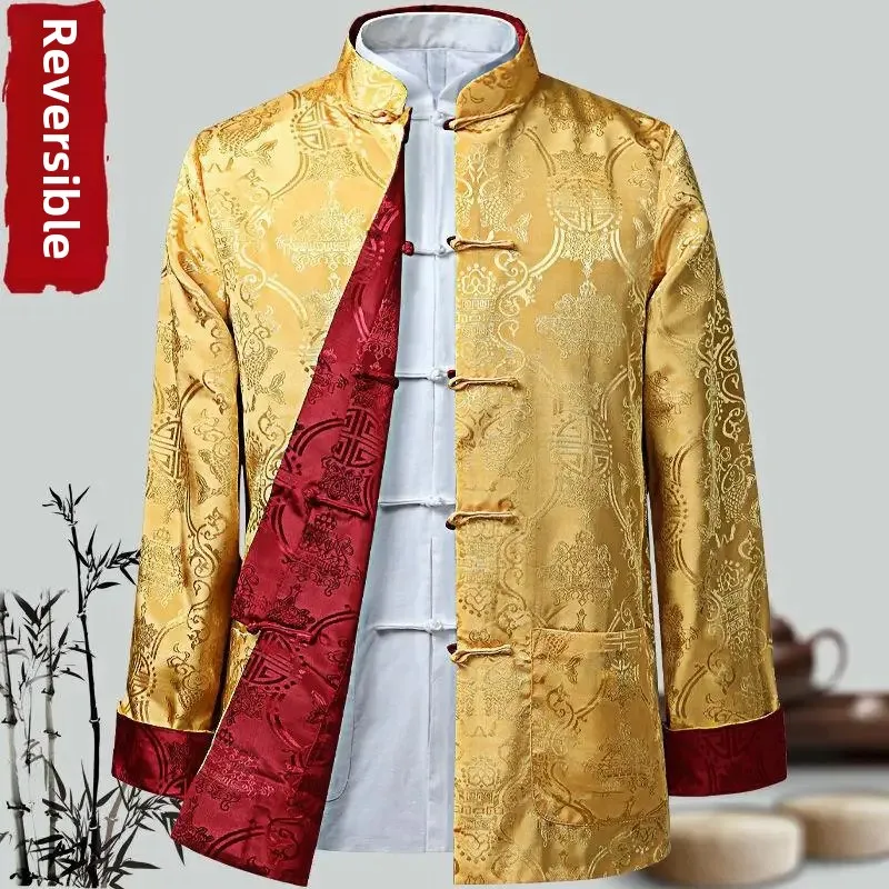 Spring Autumn Double-Sided Wearable Vintage Blazer Jacket Men's Casual Chinese Style Middle-Aged And Elderly Fashion Outerwear