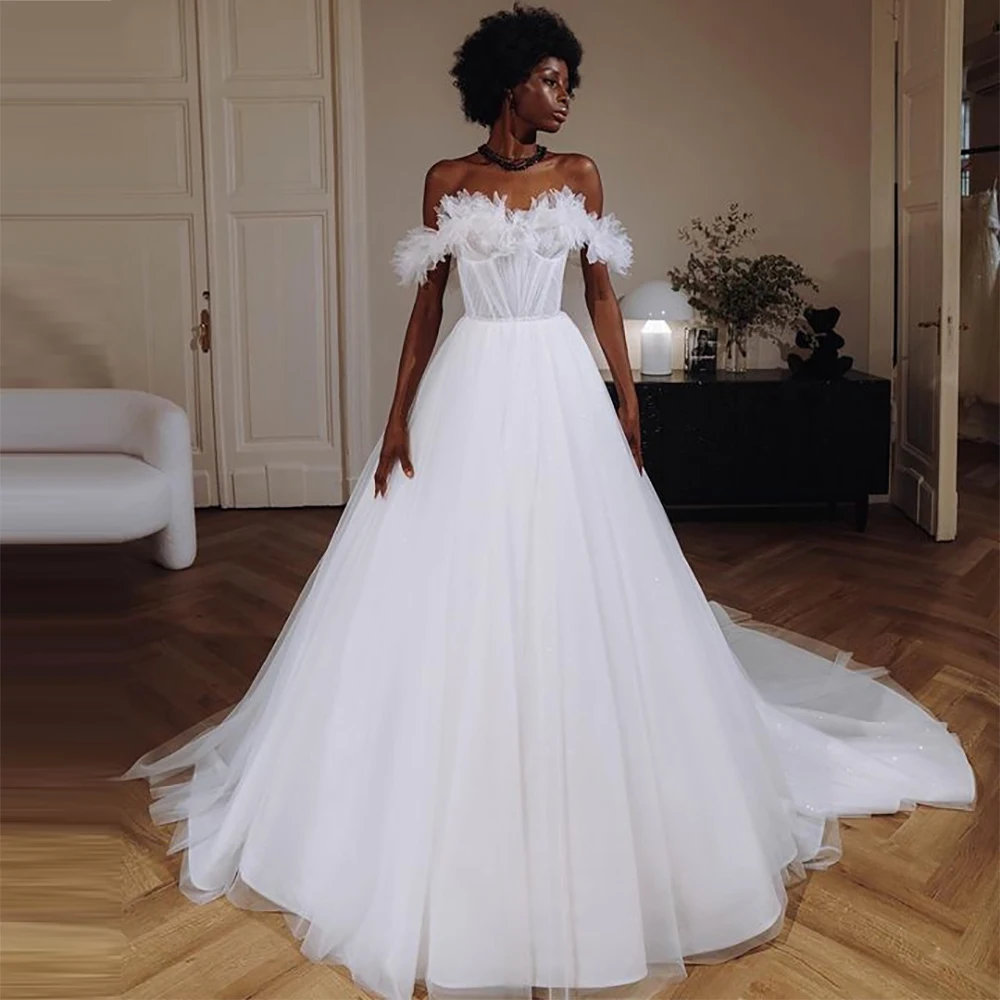 

BridalAffair Boho Wedding Dresses 3D Flowers Off the Shoulder Sleeveless Pleat Ruched A-Line Wedding Gown Princess Bridal Gown