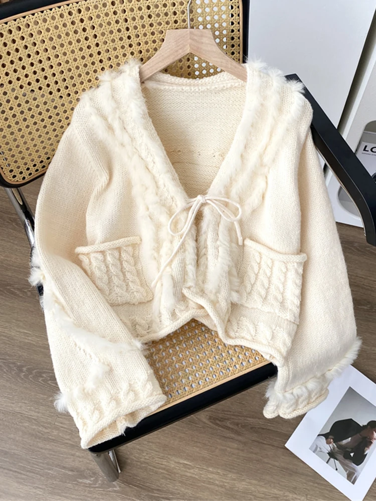 French Chic White Knitted Cardigan Mori Girl Oversized Sweater V-Neck Long Sleeve Korean Bohemian Tassels Raw Edge Streetwear