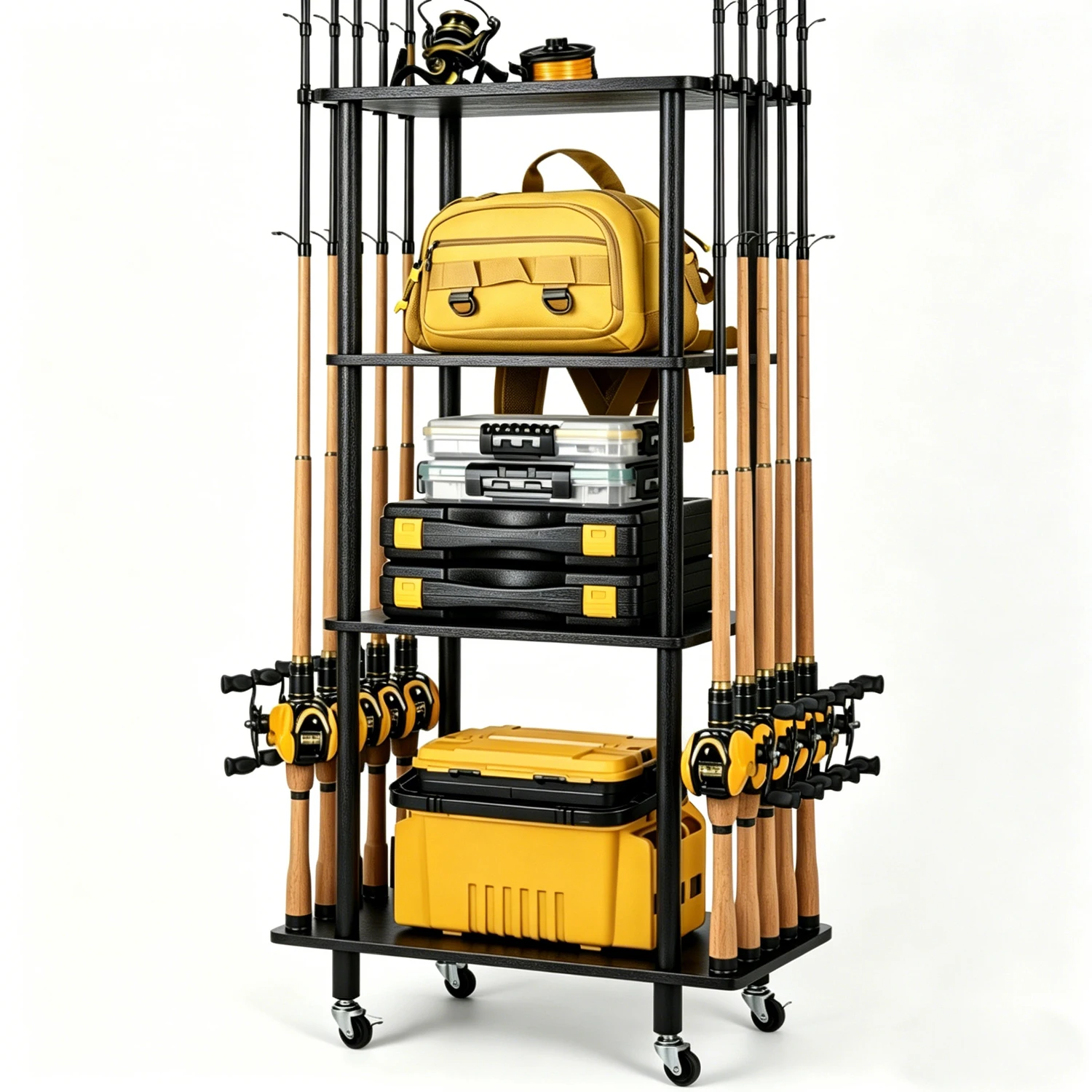 Iron Wood Combined Fishing Rod Storage Stand, Wheeled 10-Rod Fishing Pole Organizer Rack for Garage Tackle Storage