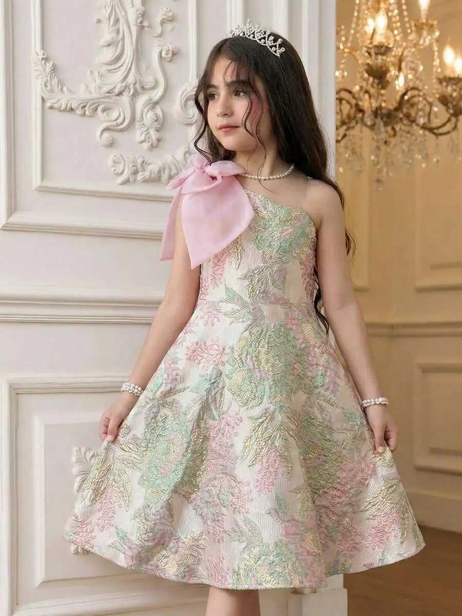 

Elegant Jacquard Floral One-Shoulder Dress With Bow Decor Knee-Length Formal Evening