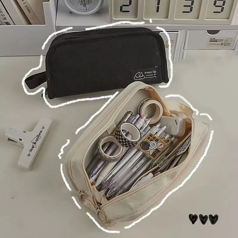 Simplicity Multifunctional Pencil Case Solid Color Canvas Pencil Bag High Capacity Stationery Storage Bag School Supplies