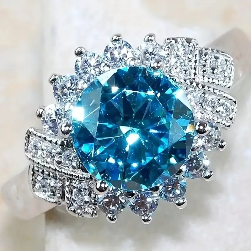 2024 New High Quality Light Luxury Blue Ring Fashion Exaggerate European and American Style Jewelry Headpiece Wholesale