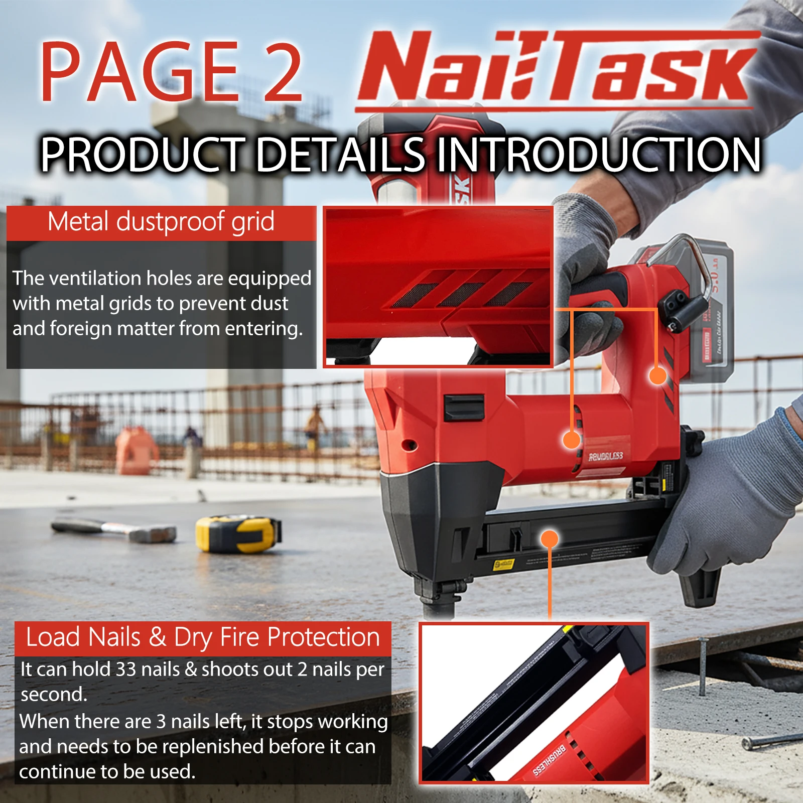 NailTask اللاسلكي مسمار خرسانة كهربائية مع 27 مللي متر الأظافر الثقيلة 20 فولت قوة دبوس بائع المسامير عدة آلة السحابة متعددة الأغراض