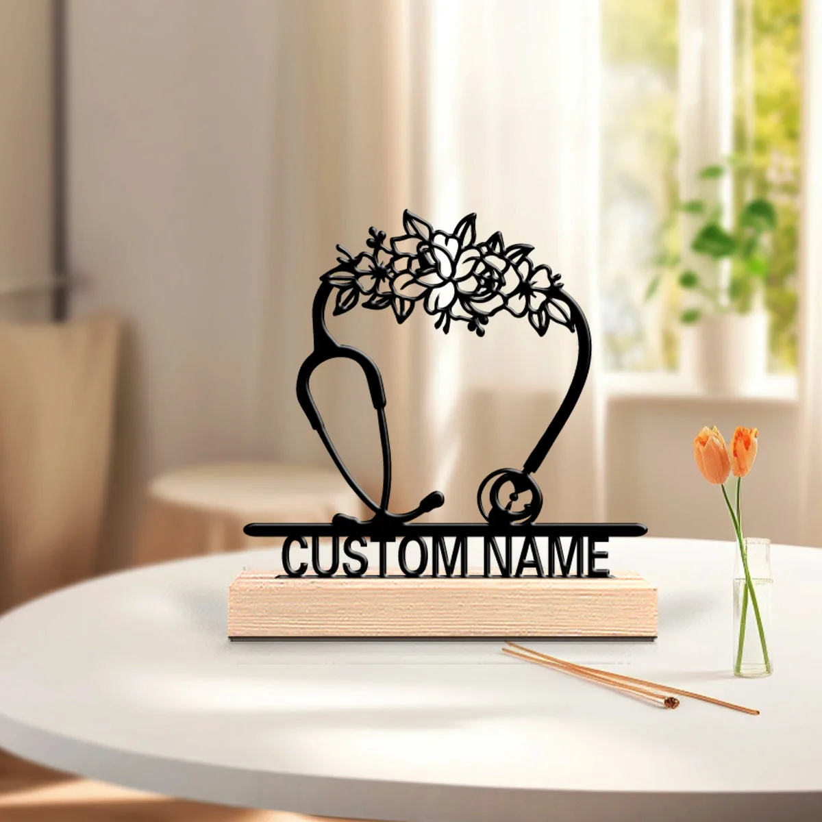 1pc Abstract Stethoscope Personalized Text Metal Statue Handicraft With Wood Base Iron Sculpture For Bedroom Desk Decor