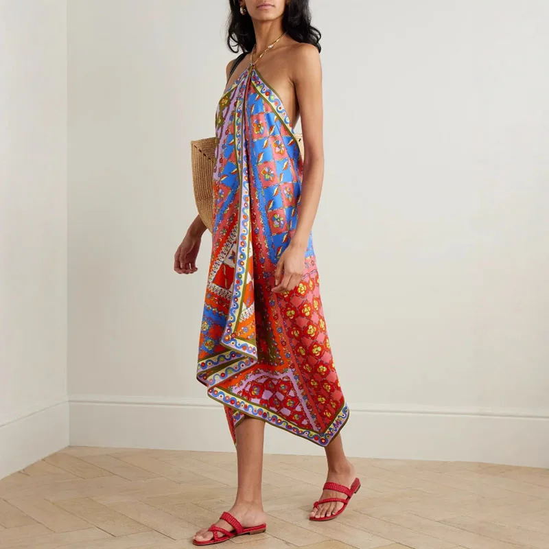 Ethnic Retro Print Irregular Long Dresses Spring Sexy Halter Backless Hollow Boho Dress New Summer Loose Satin Woman Party Dress