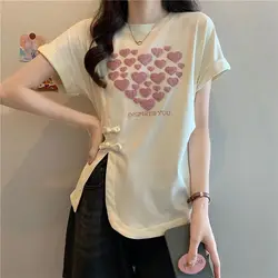 2024 New Summer Korean Simplicity Commute Women Round Neck Letter Printed Button Split Irregular Loose Short Sleeve T-shirt Tops