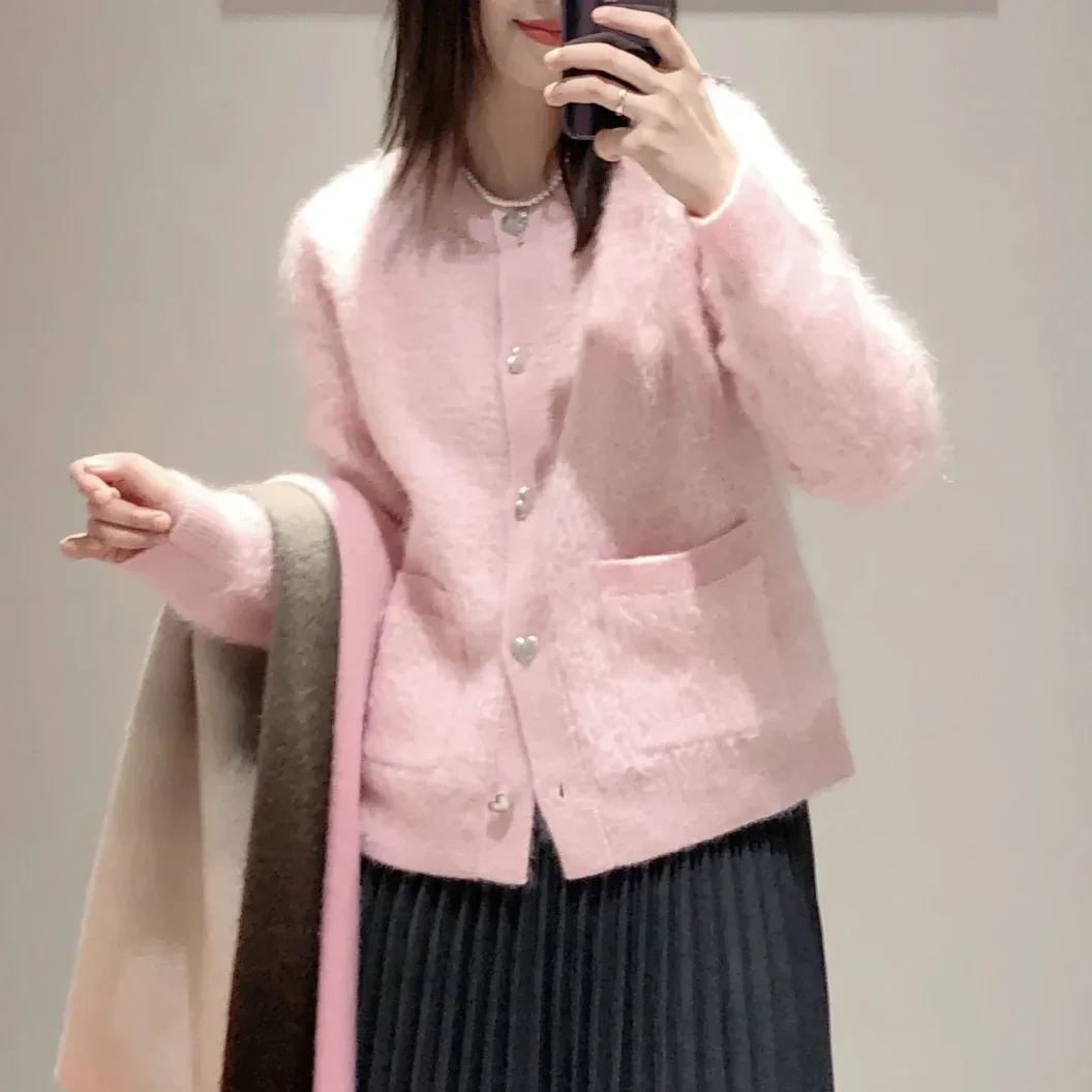 

Women's Mohair Blended Crew Neck Pink Knitted Jacket Autumn and Winter Thick Cardigan [064]