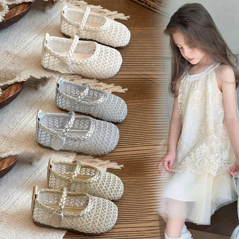 Girls Princess Sandals Weave Breathable Kids Flat Shoes Soild Color Versatile 2026 Summer Children Casual Shoes Non-slip Sweet