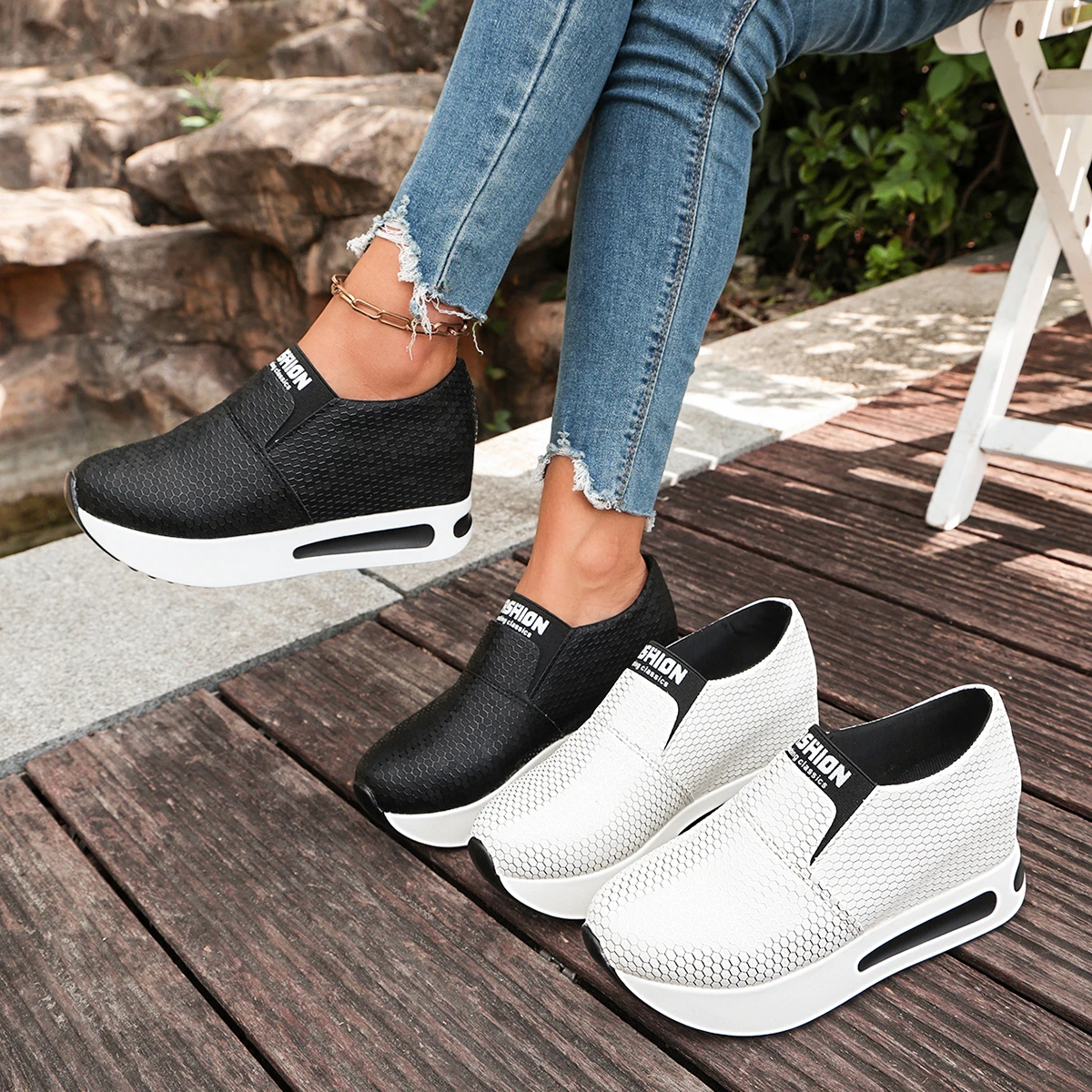 Damen-Sneaker mit verstecktem Absatz zur Erhöhung der Körpergröße, atmungsaktives Mesh, Slip-On-Plattform, lässige Alltagsschuhe zum Gehen. – Detail 1