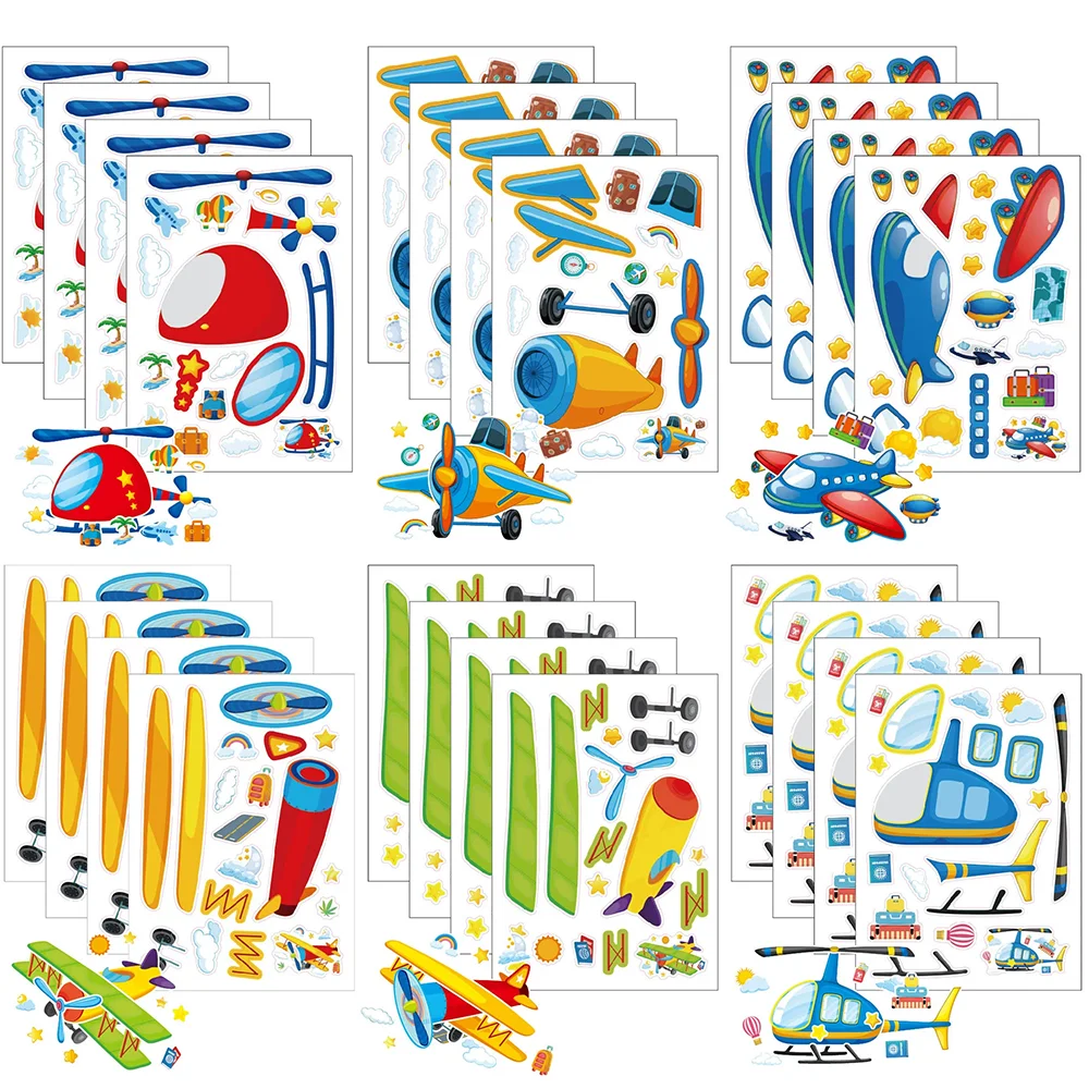 6/12Sheets Children's Flying Vehicle Aircraft Decoration Puzzle Stickers PVC Material Children's Educational Party Gift Stickers