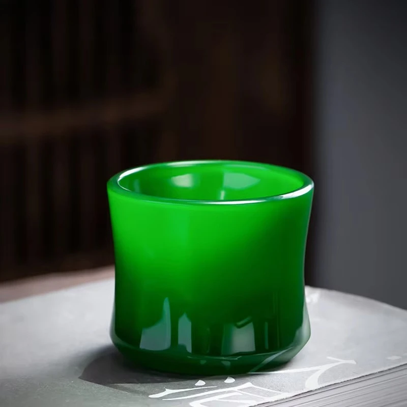 Emperor Green Glass Cha Wan Jade Porcelain Master Cup Bamboo Joint Tea Cup Chinese Exquisite Jade