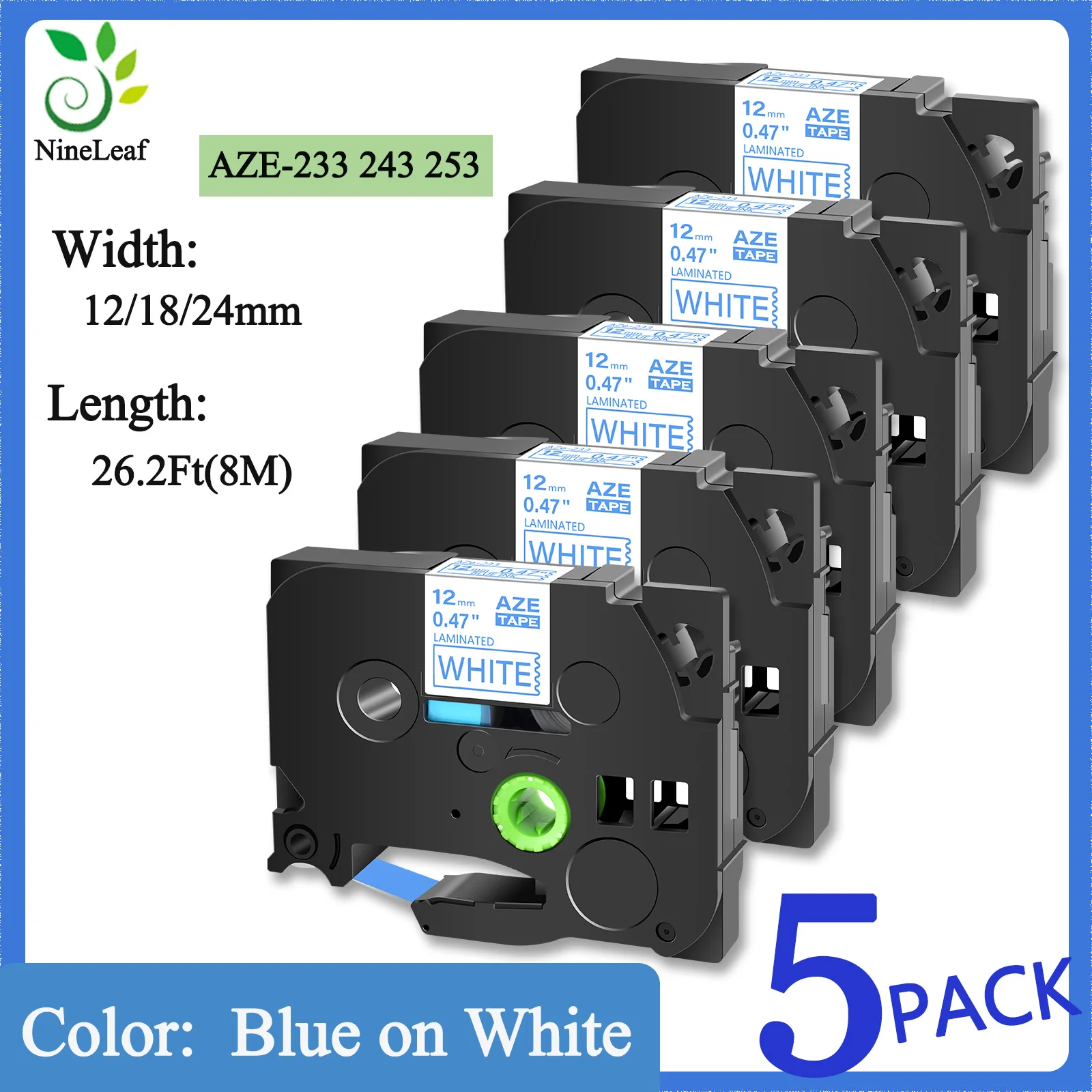 

5PK Label Tape Laminated 12/18/24mm Compatible For Brother Tze 233 243 253 Blue on White Tape For Printer PTD410 PTD610 PTE300