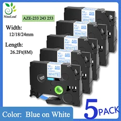 5PK Label Tape Laminated 12/18/24mm Compatible For Brother Tze 233 243 253 Blue on White Tape For Printer PTD410  PTD610 PTE300