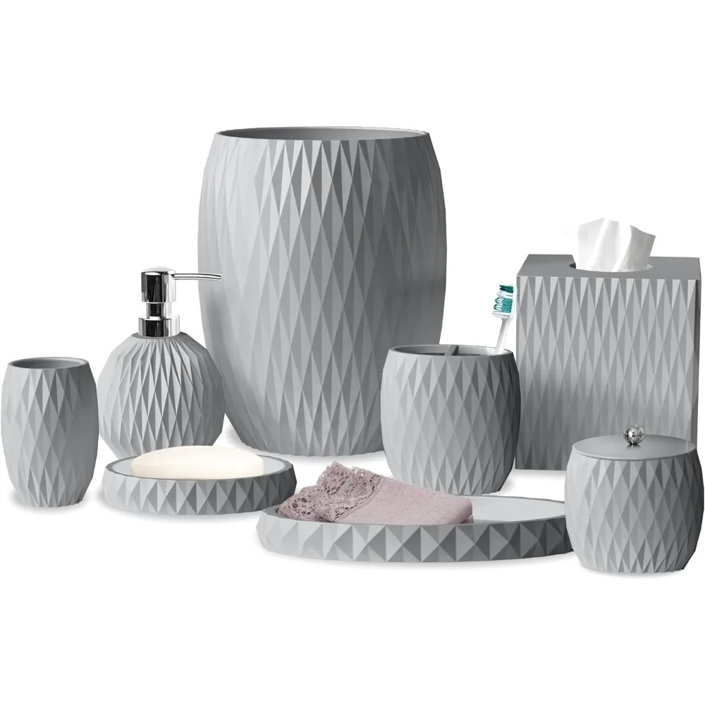 Luxury 8-Piece Grey Resin Bath Accessory Set for Vanity Countertops: Cotton Swab, Dish, Toothbrush Holder, Tumbler, Soap Pump