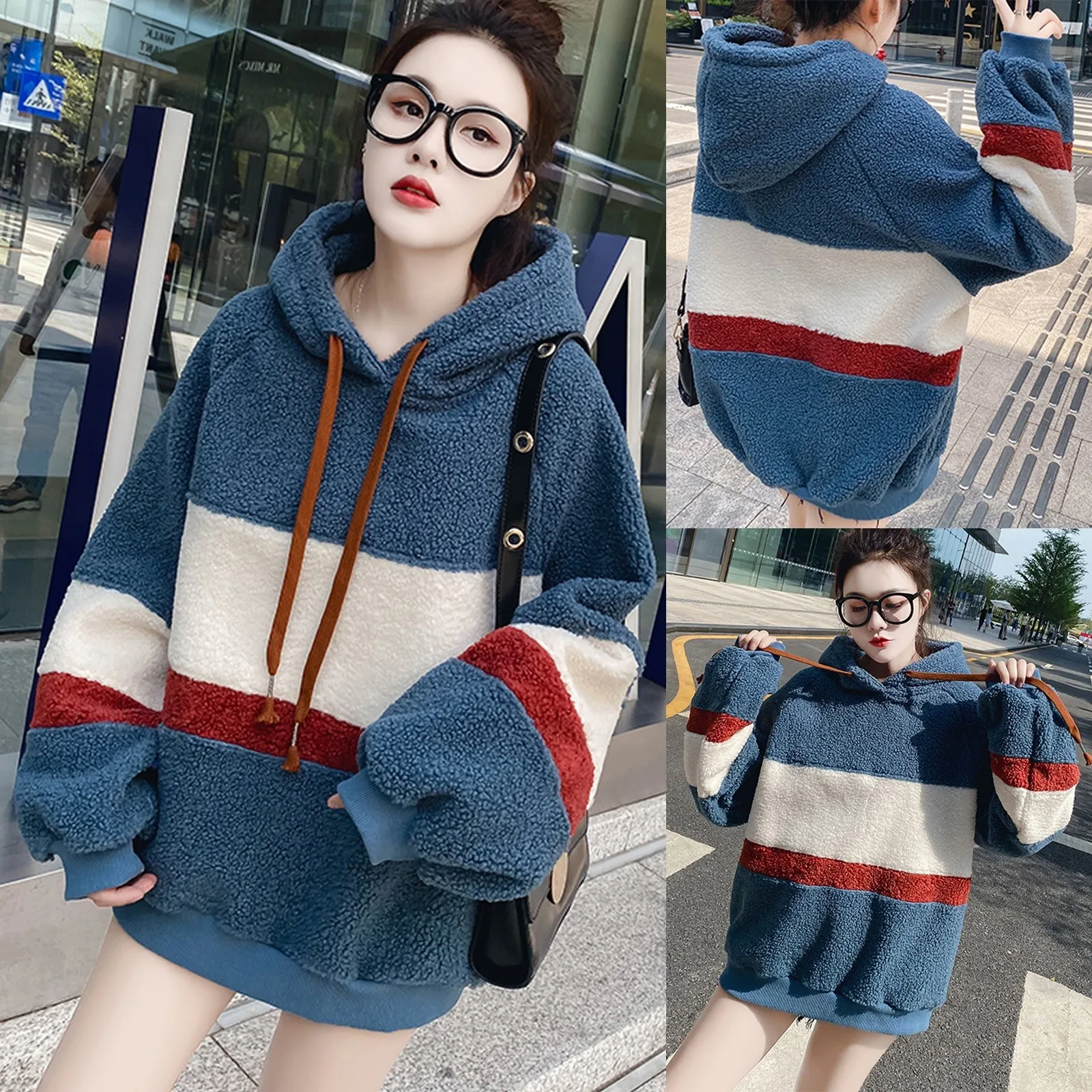 Autumn and Winter Fashion Stripe Print Hoodies For Women Sweater Top Loose Sweatshirt Blouse