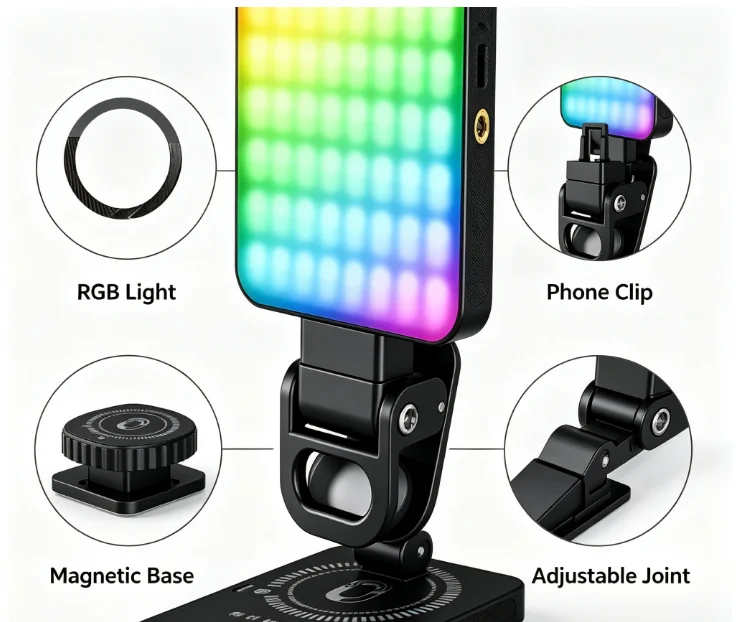 HTMCK Rechargeable Bi-Color Panel Light Photography Kit, 2500K-9000K with Phone Clip, 6 Kinds Color Cards & Soft Light Cover