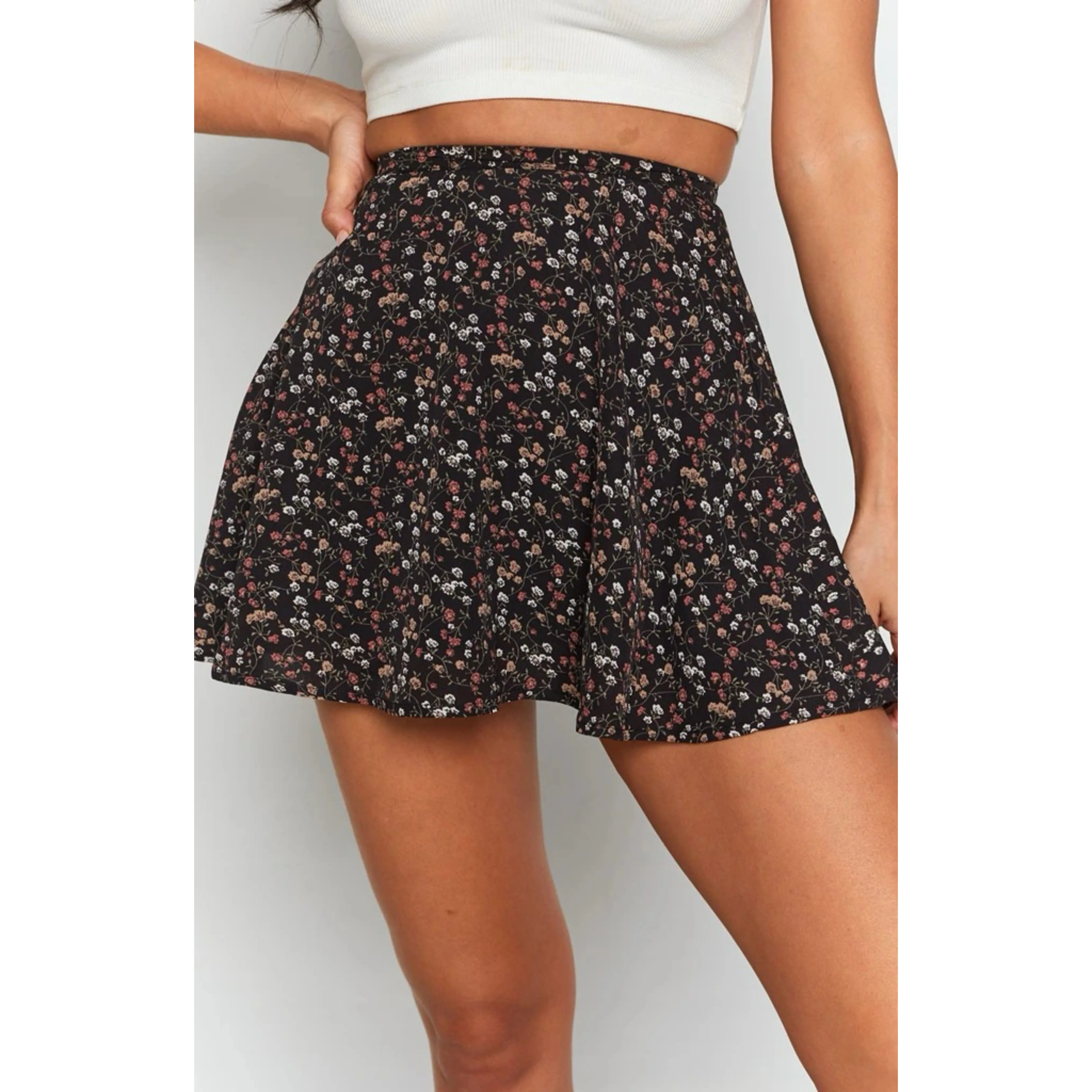 Eleganter, modischer Blumen-Midirock für Damen, Chiffon, bedruckt, Regenschirmrock, versteckter Reißverschluss, Minirock-Stil, kurzer Rock mit vollem Saum